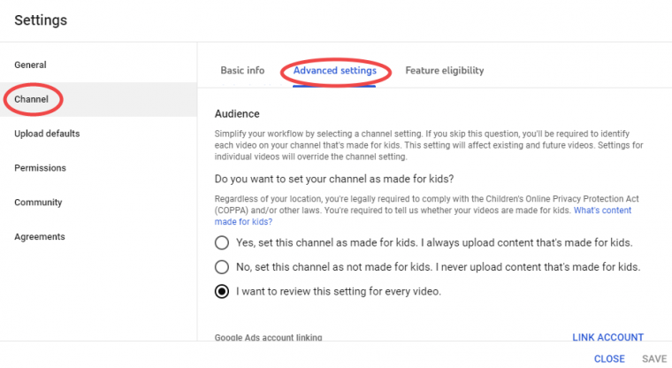 youtube advanced settings menu